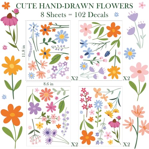 AOWDIAO Floral Wall Decals - 102 Pcs Peel and Stick Vinyl Flower Stickers - Assorted Varieties & Colors for Bedroom, Kids’ Rooms, Nursery, or Living Room Decor - style: Assorted Florals