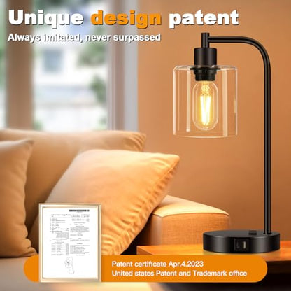 Set of 2 Industrial Touch Control Table Lamps with USB C+A Ports and AC Outlet - 3-Way Dimmable Black Bedside Lamps Nightstand Desk Lamps for Bedroom Living Room, Glass Shade & 2 LED Bulbs Included - color: Black(2 pack) - Clear Glass-Touch Control