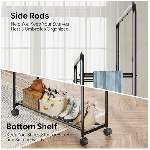 Simple Trending Clothing Clothes Rack, Double Rod Garment Rack, Black | Portable Closet with Bottom Shelf, Anti-Slip Stoppers, 360° Lockable Wheels, Multiple Uses, Bedroom, Laundry Room - color: Black