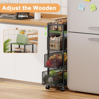4 Tier Narrow Kitchen Rolling Cart, 9.1" Wide Slim Kitchen Storage Cart with Pull-Out Baskets, Adjust Pantry Organizer and Storage Cart with Wheels, Multifunctional Fruit Vegetable Spice Storage Cart - size: Small 4 Tier Black