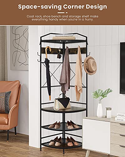 Recaceik Corner Coat Rack, Multifunctional Entryway Corner Shoe Rack with 8 Metal Double Hooks and Storage Shelf, Freestanding Corner Hall Tree Stand Storage for Living Room, Office, Rustic Brown