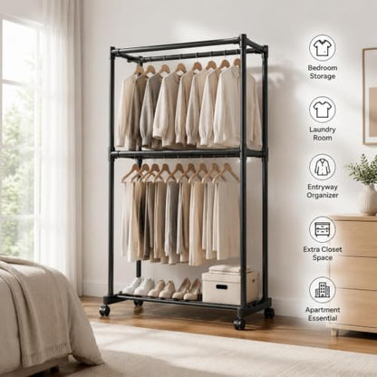 Double Rods Clothes Rack, Heavy Duty Metal Garment Rack with Wheels & Shelf