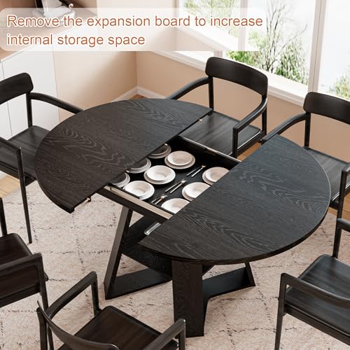 43.3"-59" Extendable Round Oval Dining Table for 4-8 with Storage Shelf | Modern Kitchen Oval Dining Table with Removable Leaves,Space Saving Extendable Table Wood Base for Kitchen Living Room - color: Black Style 3