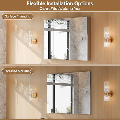 40" x 30" Bathroom Medicine Cabinet with Mirror, Recessed or Wall Mount | Medicine Cabinets with Adjustable Glass Shelves, Soft-Closed Hinge, Chrome Aluminum Frame, Reverse Installation - size: 40" x 30"