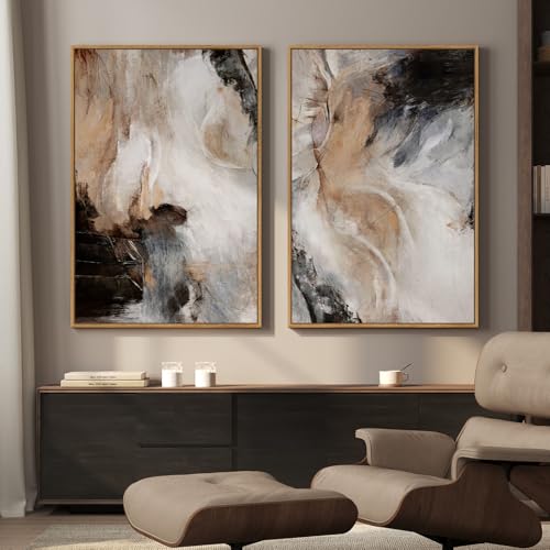 Large Framed Neutral Abstract Wall Art for Living Room, Set of 2 Brown Gray Black Modern Canvas Artwork for Walls, Luxury Watercolor Contemporary Painting Prints Wall Decor Hallway Office, 24x36 Inch - color: Black Neutral, size: 24" W x 36" H x 2Pcs