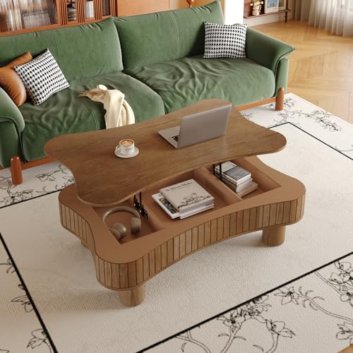 Zurnes Lift Top Coffee Table with Storage, 42" Accent Table for Living Room, Fluted Panel Hidden Storage, Silent Hydraulic Lift, Curved Corners, Easy Assembly, Walnut - color: Walnut