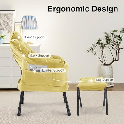 Lazy Chair with Ottoman, Modern Accent Lounge Chair with Side Pocket and Armrests, Cozy Reading Armchair with Footrest, Upholstered Sofa Chair for Small Spaces, Bedroom Living Room, Yellow - color: Yellow