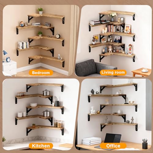 5 Pcs Corner Floating Shelves Set,Wood Wall Mount Corner Shelf | for Wall Room Kitchen Bedroom Bathroom,L-Shaped Wood Shelves Storage Display for Home Decor(Lightly Burnt Brown)