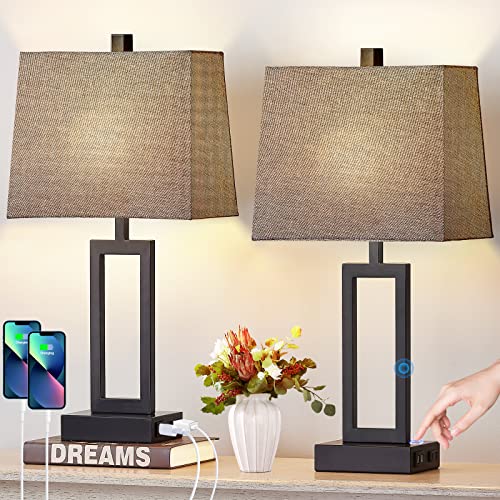 23.5" Touch Control Table Lamps Set of 2, Bedside Lamp with 2 USB Charging Ports & AC Outlet, 3-Way Dimmable Modern Nightstand Lamp for Living Room Bedroom End Table Office(2700K 2 LED Bulbs Included) - color: Grey - 23.5"H
