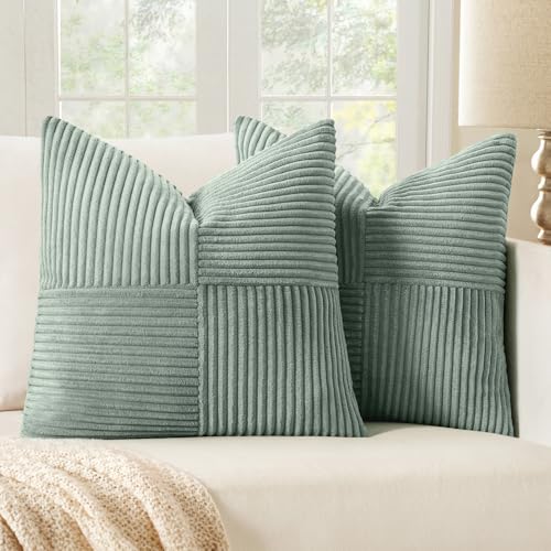 MIULEE Greyish Green Decorative Throw Pillow Covers 16x16 Inch for Couch Bed Sofa Spring Decor Pack of 2 Boho Farmhouse Throw Pillows Soft Cross Corduroy Patchwork Textured Cushion Cases - color: Greyish Green, size: 16" x 16" (Pack of 2)