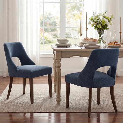 UVV Wooden Dining Chairs Set of 2, Mid Century Upholstered Dining Room Chair Kitchen Chairs, Chenille Dinner Chair with Solid Wood Legs for Kitchen Dining Room, Navy Blue - color: Navy Blue, size: Set of 2
