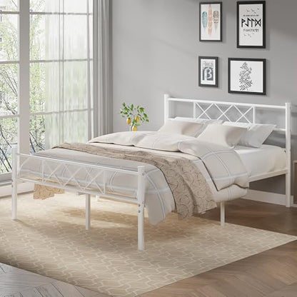 VECELO Full Size Bed Frame with Headboard, Heavy Duty Bedframe with Strong Metal Slats, No Box Spring Needed & Easy Assembly, Pure White - color: Pure White, size: Full