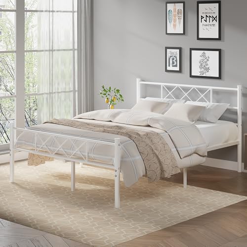 VECELO Queen Size Bed Frame with Headboard, Heavy Duty Bedframe with Strong Metal Slats, No Box Spring Needed & Easy Assembly, Pure White - color: Pure White, size: Queen