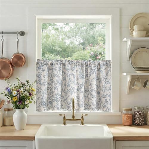 jinchan Floral Kitchen Curtains for Windows 24 Inch Linen Lined Tier Farmhouse Cafe Curtains Country Botanic Small Window Rod Pocket Rustic Flax for Laundry Bathroom RV 2 Panels Blue on Beige - color: Lined Blue on Beige, size: 25"W x 24"L (Pack of 2)