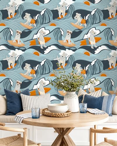 Floralplus Peel and Stick Wallpaper Dog Renter Friendly Wallpaper | Removable, Textured, Waterproof, Stick On Contact Paper, Funny Puppy Blue Wallpaper for Bathroom Nursery, 17.5 x 118 in - color: Blue