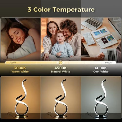 Modern Dimmable LED Spiral Touch Table Lamp for Nightstand | 3 Color Temperature Desk Lamp, Unique Bedside Light for Living Room, Bedroom, Cool Lamps for Ideal Gift, Black - style: S-Shape-Black