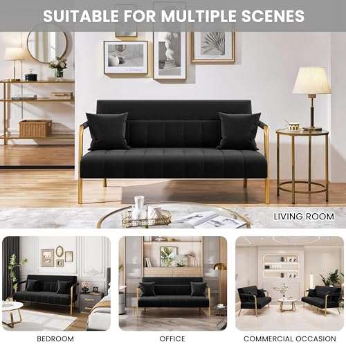 Yaheetech 56.5" Smal Sofa 2 Seater Couch with Gold-Tone Legs, Black | Small Sofa Loveseat Velve 2 Seater Couch with Tufted Back Gold Metal Frame 2 Pillows for Office, Studio,Living Room - color: Black, size: 56.5" W