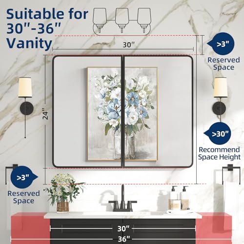 Bathroom Medicine Cabinet with Mirror 24 x 30 Inch, Black Medicine Cabinet Recessed or Surface Wall-Mounted, Mirrored Cabinets with Sturdy Metal Adjustable Shelves for Bathroom Vanity - color: Black, size: 24*30inch
