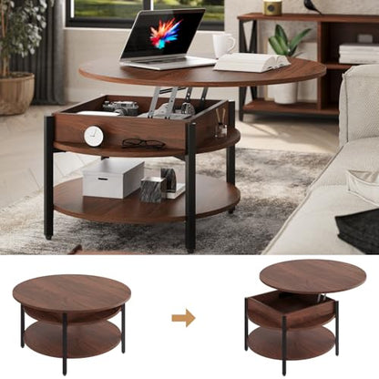 FABATO 26.77” Round Lift Top Coffee Table with Storage, Espresso | Farmhouse Coffee Table, 2 Tier Small Round Center Table, Center Table for Living Room, Circle Dining Table - color: Espresso