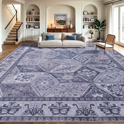 Moroccan Washable Area Rug 6x9 Vintage Patchwork Living Room Rug, Blue/Grey | Distressed Geometric Floral Rug for Bedroom Nursery, Non Slip Low Pile Boho Carpet for Office Dorm Apartment Dining Room - color: Blue/Grey, size: 6x9 Feet
