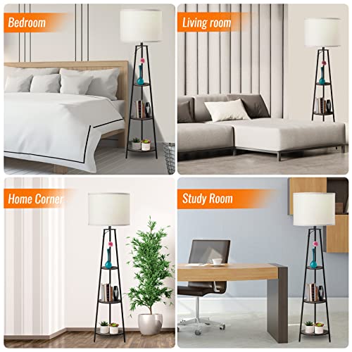 RISLG Floor Lamp, 3-Tier Round Corner Shelf Floor Lamp with 3 Dimmable Levels - Simple Standing Lamp with White Fabric Shade, Tall Modern Floor Lamps with Shelves for Bedroom, Living Room and Office