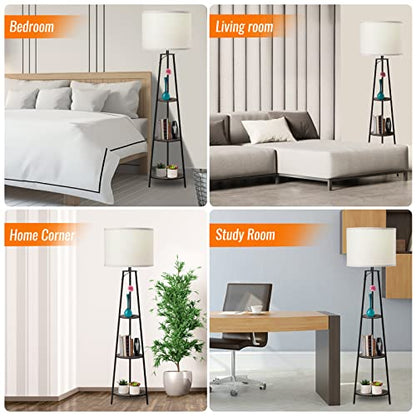 RISLG Floor Lamp, 3-Tier Round Corner Shelf Floor Lamp with 3 Dimmable Levels - Simple Standing Lamp with White Fabric Shade, Tall Modern Floor Lamps with Shelves for Bedroom, Living Room and Office