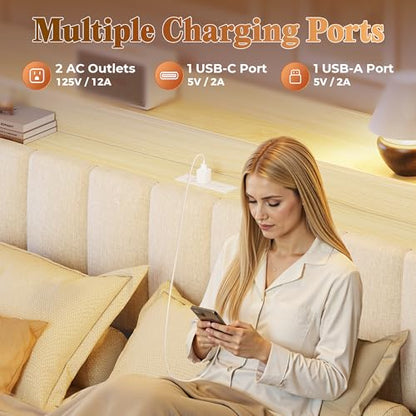 Bed Frame Queen Size with Upholstered Headboard & Charging Station, Queen Bed Frame with 4 Storage Drawers, 2-Tier Open Shelves, No Box Spring Needed, Slient Foam Strip, Easy Assembly, Beige - color: Beige, size: Queen