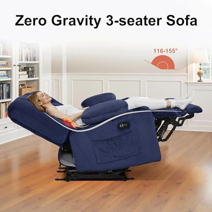 MCombo 82 in 3 Seater Reclining Sofa with Heat and Massage PR647 (Blue) | 155° Zero Gravity, Reclining Middle Seat, Dual Charging Ports, Cup Holders, FSC & OEKO Certified - color: Navy Blue, size: 3 Seater Recliner with Zero Gravity
