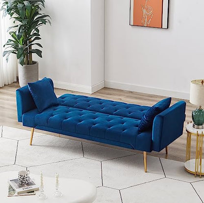 72"Modern Velvet Sofa Bed Futon,Convertible Folding Sleeper Bed Couches with 3 Adjustable Backrests,Tufted Recliner Love Seat with Golden Chrome Legs for Living Room Apartment Office (Navy+pillows) - color: Navy+pillows