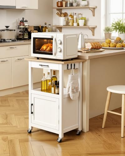 VEVOR Kitchen Island Cart with Single Door Cabinet, Mobile Carts with Drawer, Towel Rack, Hooks, Portable Table on Swivel Wheels, Small Coffee Islands Microwave Stand for Dining Room, 18x23 in, White - size: 17.72"D x 23.23"W x 35.83"H, style: Moveable 1