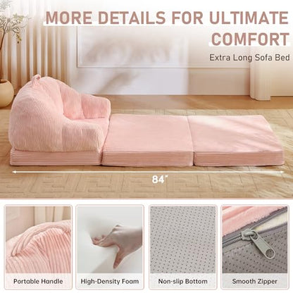 wanan Folding Sofa Bed, 3-in-1 Convertible Boneless Couch with Handle, Floor Lounger & Sleeper Chair for Adults, Comfy Folding Couch Single Sofa for Living Room Bedroom, Pink - color: Pink