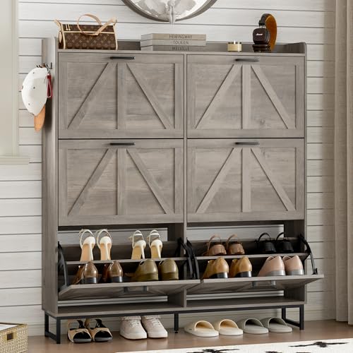 BORNOON Shoe Cabinet with 6 Flip Drawers Narrow Shoe Storage Cabinet Organizer Wooden Freestanding Shoe Rack Hidden Slim Shoes Storage Cabinet for Entryway, Hallway, Living Room, Bedroom - color: Grey, size: 6-Drawer