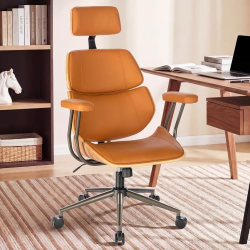 Mid Century Walnut PU Leather High Back Office Chair with Headrest, Brown | Curved walnut back & seat, high-back with headrest, PU leather, padded armrests, executive swivel & rolling for home office - color: Brown, size: 2-Section Back / Headrest
