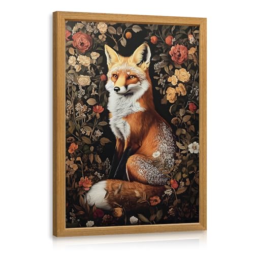 LLEEMPI William Morris Fox Floral Wall Art, 12x16 Wood Framed Print | Vintage fox and floral botanical art for living room, bedroom or hallway; nature-inspired woodland decor for animal lovers. - color: Fox, size: 16"L x 12"W