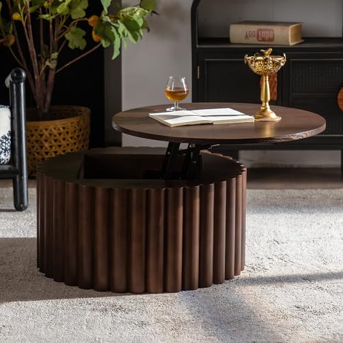 27.56" Round Lift-Top Coffee Table with Hidden Storage & Sturdy Pedestal, Modern Wooden Center Accent End Tea Table, No Need Assemble, Walnut - color: 27.56" Round Lift-top, Walnut