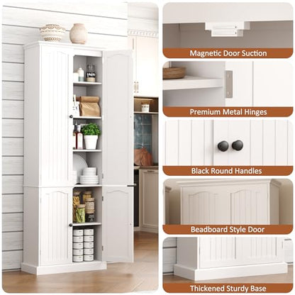 Function Home 182.9cm(72인치) 주방 식료품 저장실 캐비닛, 문과 조절 가능한 선반이 있는 높은 목재 보관 캐비닛, 주방 다이닝 룸 거실 욕실용 6단 독립형 찬장, 화이트 - color: 화이트., size: 24"Wx11.81"Dx72"H