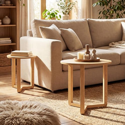 GIANTEX Round Nesting Coffee Table Set of 2, Wood End Tables, Natural | Thickened Top & Solid Rubber Wood Legs, Farmhouse Sofa Side Table for Small Spaces Living Room Bedroom - color: Natural