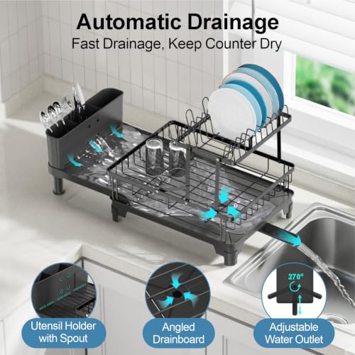 Large Expandable 2 Tier Dish Drying Rack for Kitchen Counter, Black | Extendable Design, 360° Rotating Drain Spout, Stable Screw-Fixed Frame, Rust-Resistant, Cup & Utensil Holder, Tool-Free Setup - color: Black, size: Countertop Expandable (12.6"w X 18.7"