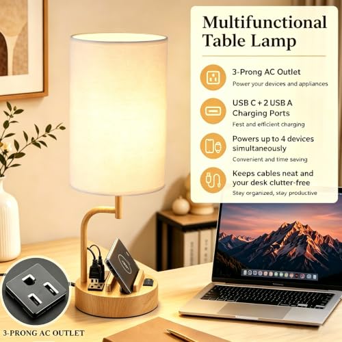 Dreamholder 2 Pack Table Lamp, Bedside Lamp with 3 USB Charging Ports & AC Outlet, USB Desk Lamp with 2 Phone Holders, Linen Fabric Shade Nightstand Lamps for Bedroom Living Room Office, Woodgrain - color: Woodgrain