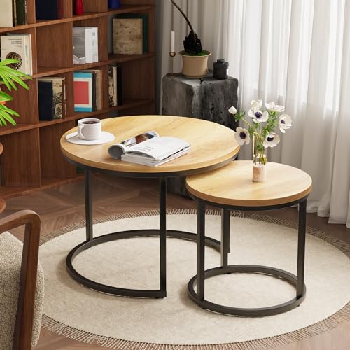 Smuxee Nesting Coffee Table Set of 2, 23.6" Round Coffee Table Brown Wood with Adjustable Non-Slip Feet, Industrial End Table Side Tables for Living Room Bedroom Balcony Yard - color: Brown, size: 23.6"W