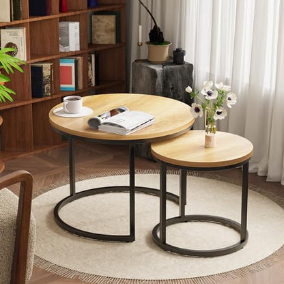 Smuxee Nesting Coffee Table Set of 2, 23.6" Round Coffee Table Brown Wood with Adjustable Non-Slip Feet, Industrial End Table Side Tables for Living Room Bedroom Balcony Yard - color: Brown, size: 23.6"W