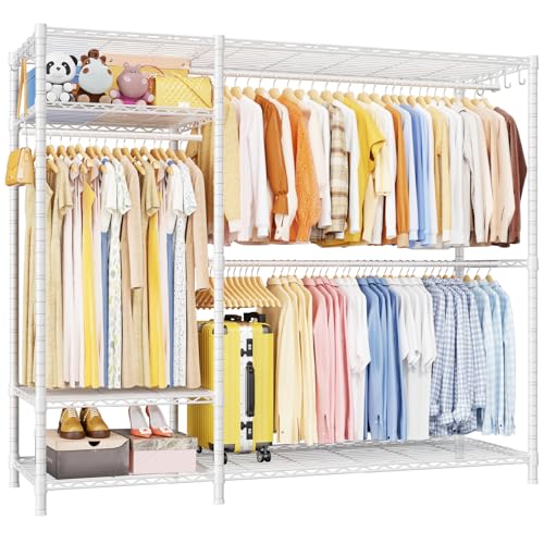 F7 Plus Clothes Rack, Clothing Racks for Hanging Clothes, White | Heavy Duty Garment Rack, 6-Tiers Freestanding Portable Closet Storage Racks 68'' W × 14.6'' D × 76.6'' H, Max Load 850 Lbs - color: White, size: F7 Plus