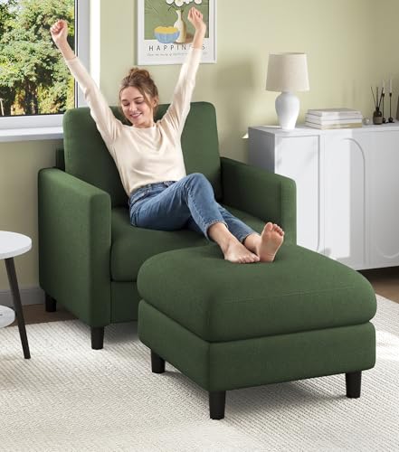 Welzona Sofa Accent Chair with Ottoman, 33" Teddy Reading Chair and Ottoman | Comfy Teddy Fabric, Tool-free Setup, Washable Covers, All-wood Chair and Ottoman Sets for Living Room, Bedroom, Green - color: Green, size: standard & ottoman