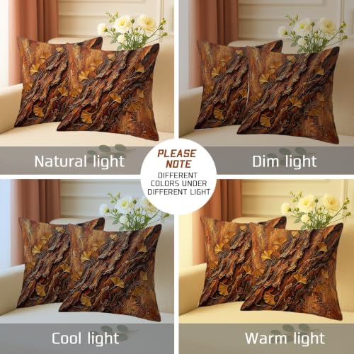 Ginkgo Leaves Throw Pillow Covers Set of 2, Natural Rustic Bark Texture Wood Grain Fall Brown Soft Velvet Washable Couch Pillow Covers for Living Room Bedroom Loft Office Car Decor 14x14 Inch - size: 14" x 14" (Pack of 2)