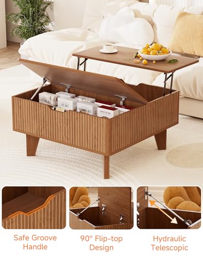 Fluted Lift Top Coffee Table with Storage, Wood Square Flip-Top Mid Century Modern Center Table for Living Room with Hidden Compartment, Walnut - color: Walnut-square (Flip Top)