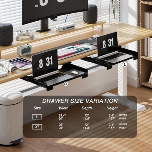 26 Inch Under Desk Mounted Sliding Loptop Drawer, Desktop Extension Pull-Out Laptop Tray for Office Desk, Extra Storage Organizer for Sit Stand Workstation - size: 26 INCH