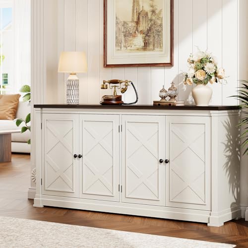 63 Inches Buffet Cabinet with Storage, Large Sideboard Cabinet with 4 Barn Doors, Adjustable Shelves, Wood Coffee Bar Station for Kitchen, Living Room, Off White - color: Off White