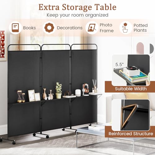 GOFLAME 3 Panel Room Divider with Storage Shelves, 6FT Folding Privacy Screen with Lockable Wheels, Portable Rolling Wall Divider, Freestanding Partition Screen for Room Separation, Black - color: Black
