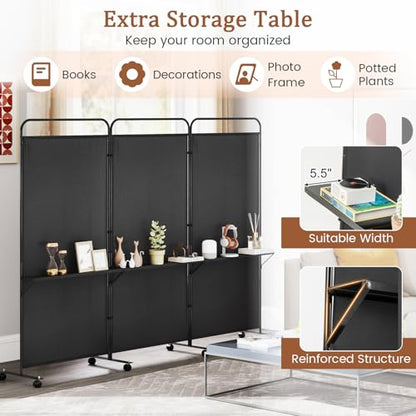 GOFLAME 3 Panel Room Divider with Storage Shelves, 6FT Folding Privacy Screen with Lockable Wheels, Portable Rolling Wall Divider, Freestanding Partition Screen for Room Separation, Black - color: Black