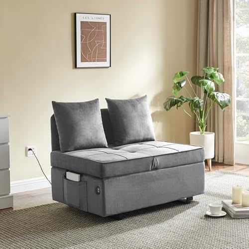 Convertible Sofa Bed 4-in-1 Pull Out Couch, Ottoman Bed Sleeper, Light Grey | Velvet Love seat Couch Sleeper Chair Bed with USB Ports, 5 Adjustable Backrest and Pillow for Living Room Apartment Office - color: Light Grey